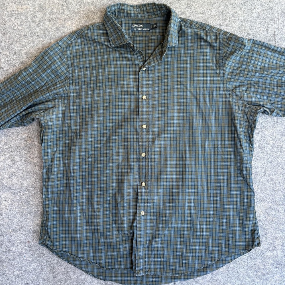 Polo by Ralph Lauren Shirt Mens 2XL Blue Green Plaid Short Sleeve Button Front - Picture 2 of 7